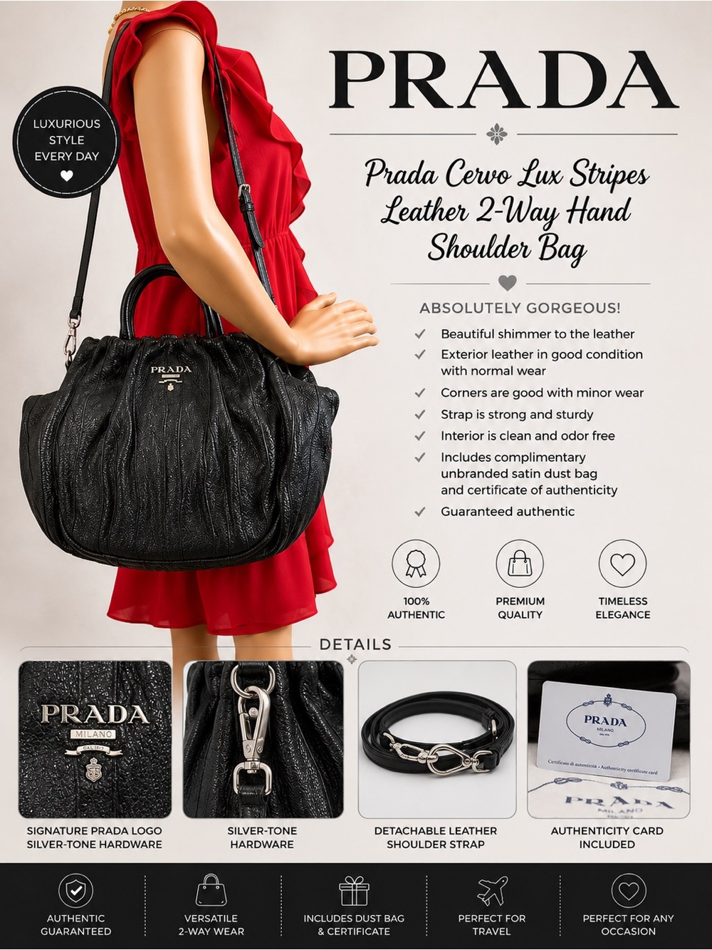 Prada Cervo Lux Stripes Leather 2Way Hand Shoulder Bag